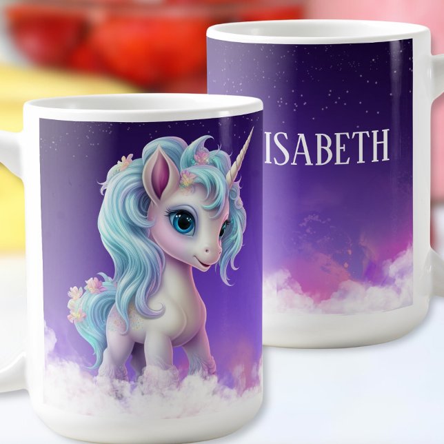Proud Unicorn on clouds, purple sky,stars & name Coffee Mug (Creator Uploaded)