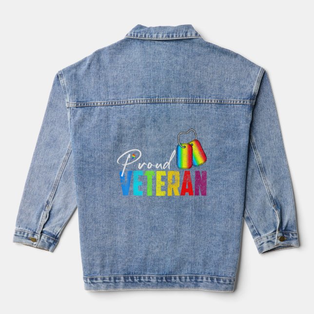 Proud Veteran Trans Military LGBTQ Rainbow Gay Pri Denim Jacket (Back)