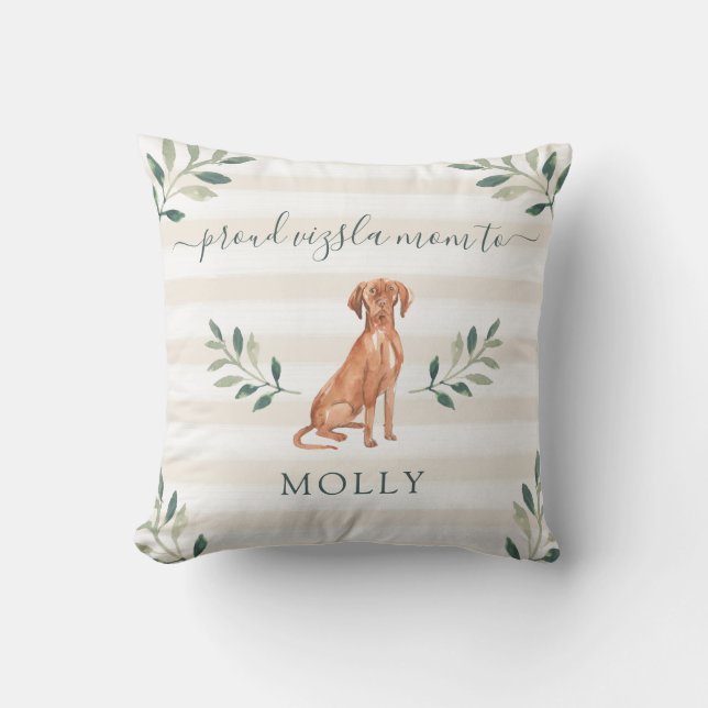 Proud Vizsla Mum | Botanical Leaves and Stripes Cushion (Front)
