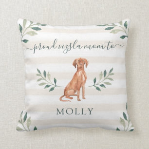 Proud Vizsla Mum   Botanical Leaves and Stripes Cushion