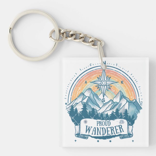 Proud Wanderer LGBTQ Camping – Rainbow Compass Key Ring (Front)