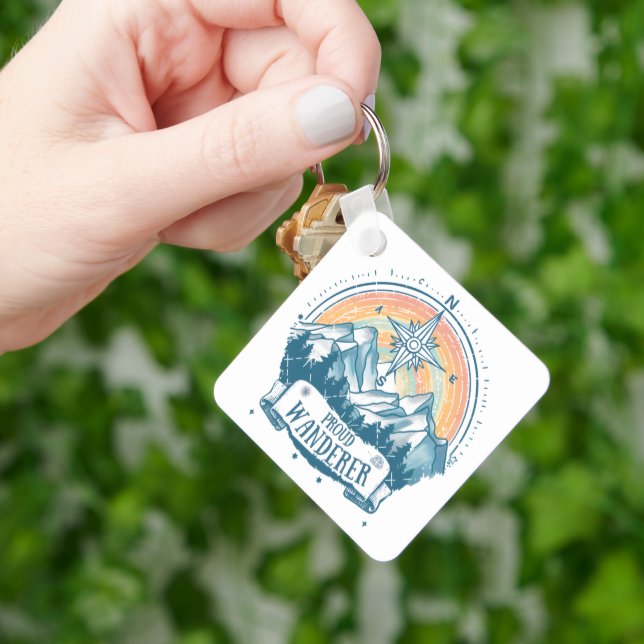 Proud Wanderer LGBTQ Camping – Rainbow Compass Key Ring (Hand)
