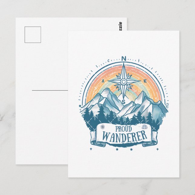 Proud Wanderer LGBTQ Camping – Rainbow Compass Postcard (Front/Back)