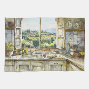 Provence Country Kitchen Watercolor with Countrysi Tea Towel