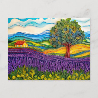 Provence Lavender Field in Quilling Style Postcard