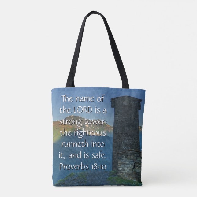 Proverbs 18 Strong Tower2 KJV Bible Verse  Tote Bag (Back)