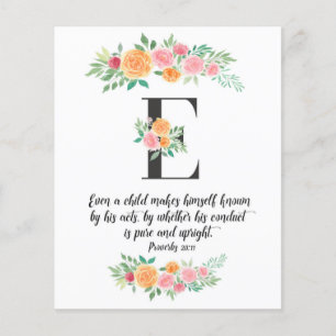 Proverbs 20:11, Letter E,Watercolor scripture card