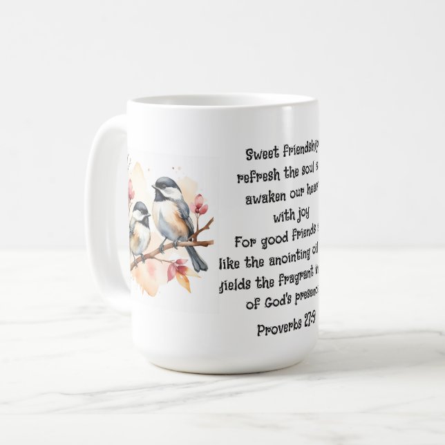 Proverbs 27:9 Friendship Bible Quote Cute Birds Coffee Mug (Front Left)