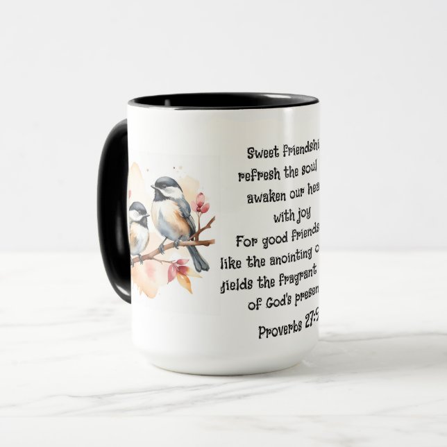 Proverbs 27:9 Friendship Bible Quote Cute Birds Mug (Front Left)