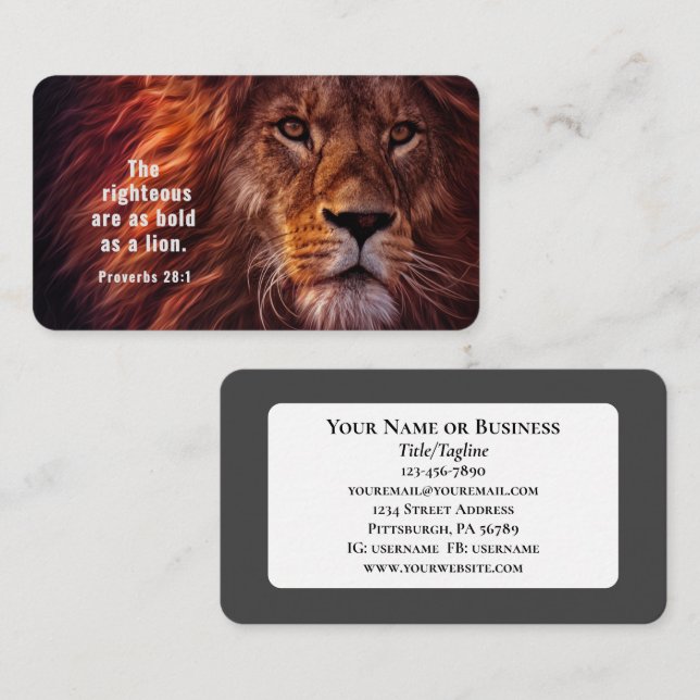 Proverbs 28:1 Bible Righteous are Bold as a Lion Business Card (Front/Back)