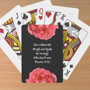 Proverbs 31:25 Bible Verse Red Rose On Black Playing Cards
