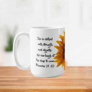 Proverbs 31:25 Bible Verse Sunflower Custom Coffee Mug