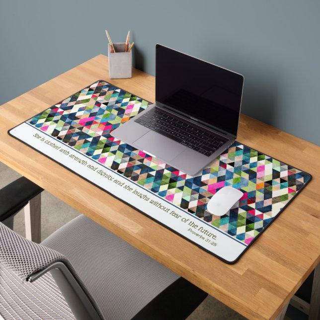 Proverbs 31:25 Colourful Geometric Triangles Desk Mat (Office 2)