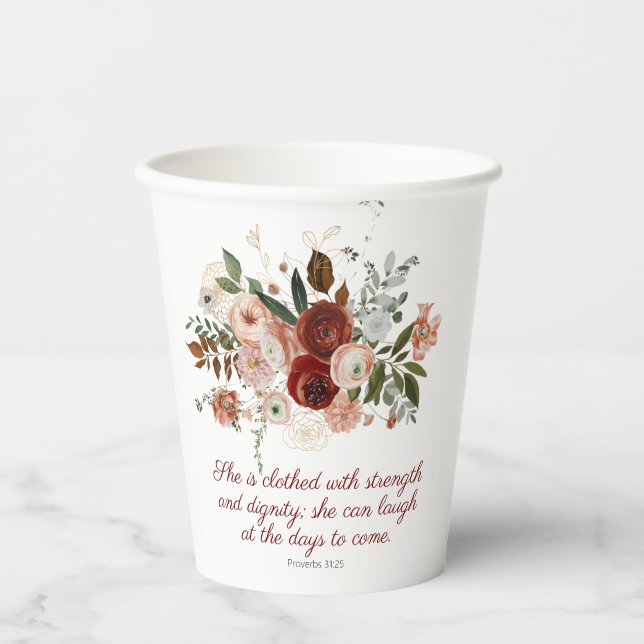 Proverbs 31:25 Elegant Blush Pink Floral Paper Cups (Front)