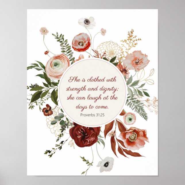 Proverbs 31:25 Elegant Burgundy Gold Floral Wreath Poster (Front)