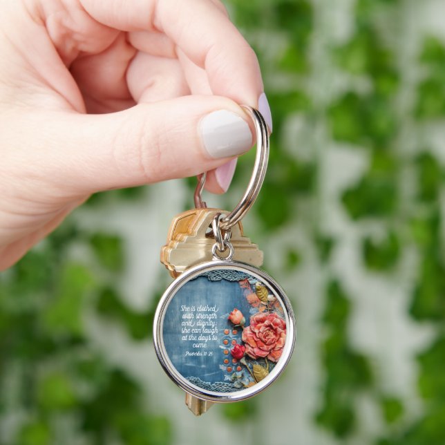 Proverbs 31:25 Keychain Inspiring Bible Verse Blue (Hand)