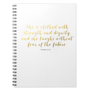Proverbs 31:25 Notebook - Gold Faux Foil Script