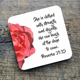 Proverbs 31:25 Red Rose Christian Square Paper Coaster