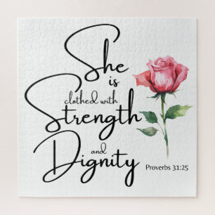 Proverbs 31:25 She is clothed Bible Verse Flower Jigsaw Puzzle