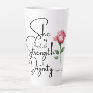 Proverbs 31:25 She is clothed Bible Verse Flower Latte Mug