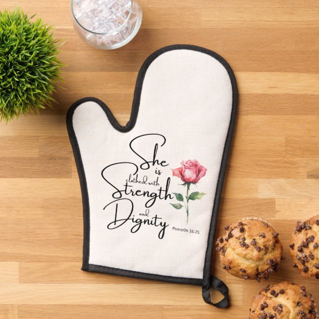 Proverbs 31:25 She is clothed Bible Verse Flower Oven Mitt (Top down)