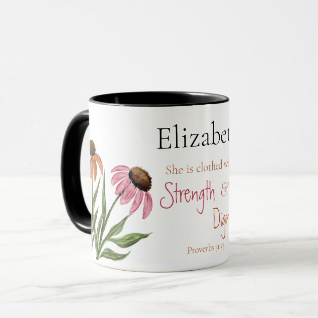 Proverbs 31:25 Strength and Dignity Floral Faith Mug (Front Left)