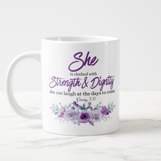 Proverbs 31:25 Strength and Dignity Purple Flower  Large Coffee Mug (Left)