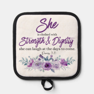 Proverbs 31:25 Strength and Dignity Purple Flower  Pot Holder