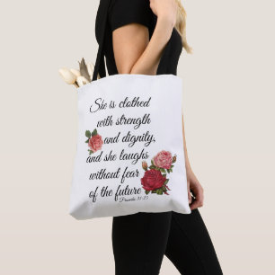 Proverbs 31:25 tote bag