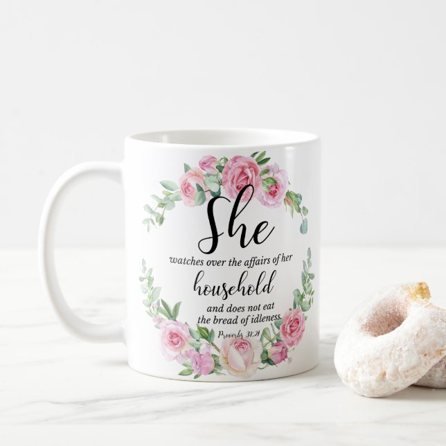 Proverbs 31:27 Mother's Day Scripture Pink Floral Coffee Mug (With Donut)