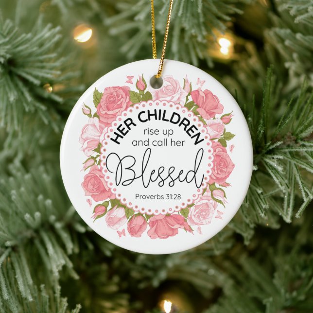 Proverbs 31:28 Mother's Day Scripture Pink Flowers Ceramic Tree Decoration (Tree)
