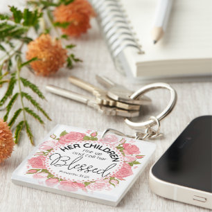 Proverbs 31:28 Mother's Day Scripture Pink Flowers Key Ring