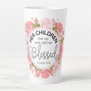 Proverbs 31:28 Mother's Day Scripture Pink Flowers Latte Mug