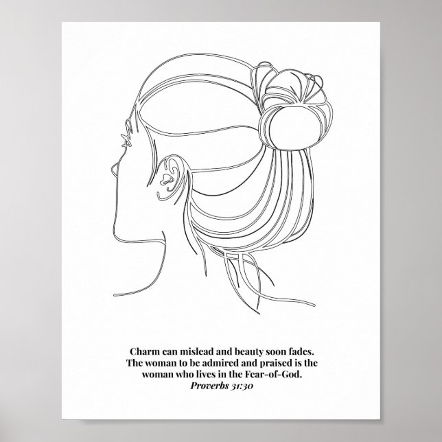 Proverbs 31:30 Womans Face Line Art Sketch Black a Poster (Front)
