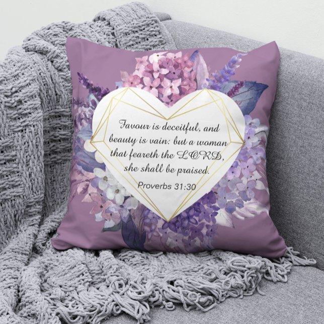Proverbs 31 Bible Quote Purple floral heart Cushion (Proverbs 31 Throw Pillow)