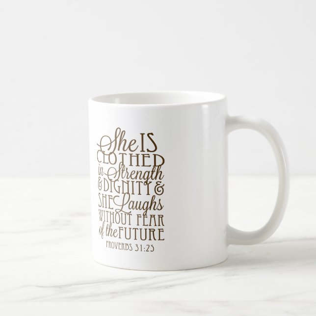 Proverbs 31 - Clothed in Strength & Dignity Brown Coffee Mug (Right)