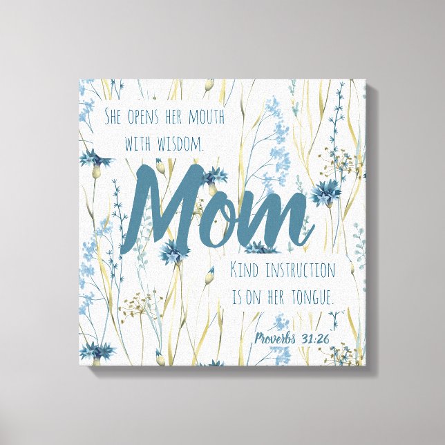 Proverbs 31 Mum Blue & Gold Flowers Canvas Print (Front)