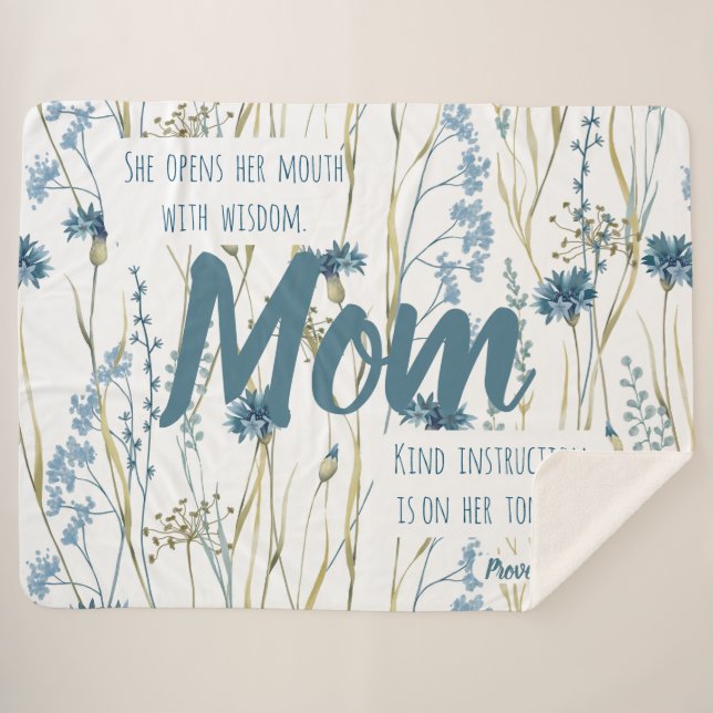 Proverbs 31 Mum Blue & Gold Flowers Sherpa Blanket (Front (Horizontal))