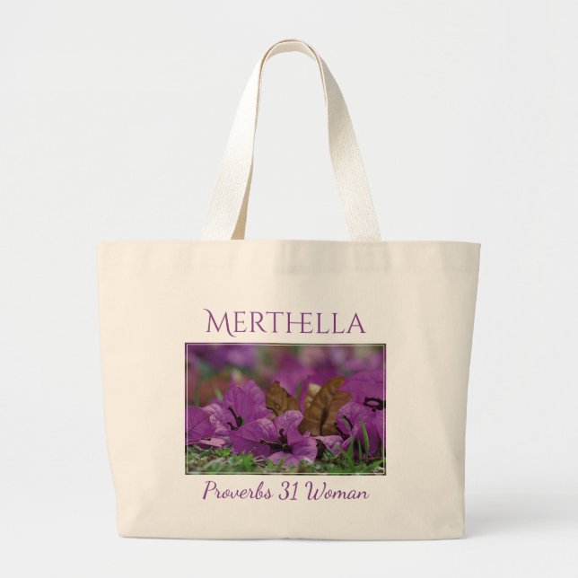PROVERBS 31 Purple Floral Personalised Photo Large Tote Bag (Front)