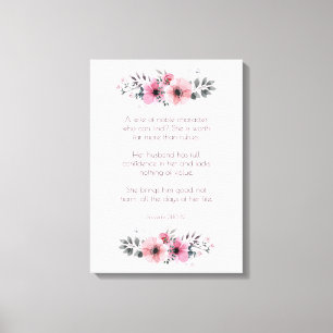 Proverbs 31 Woman Bible Verse with Pink Flowers Canvas Print