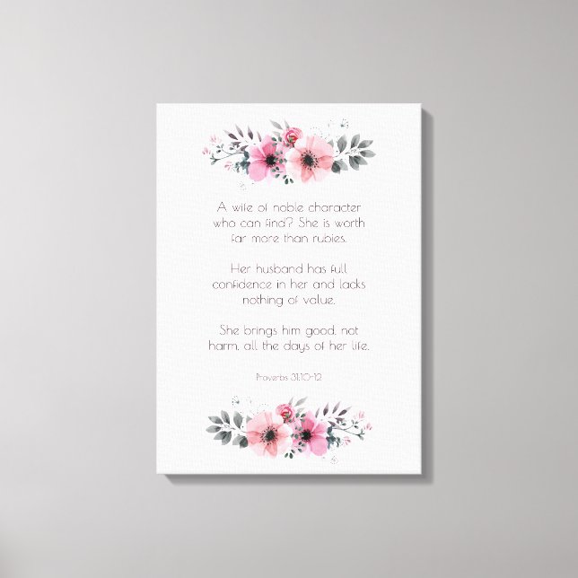 Proverbs 31 Woman Bible Verse with Pink Flowers Canvas Print (Front)