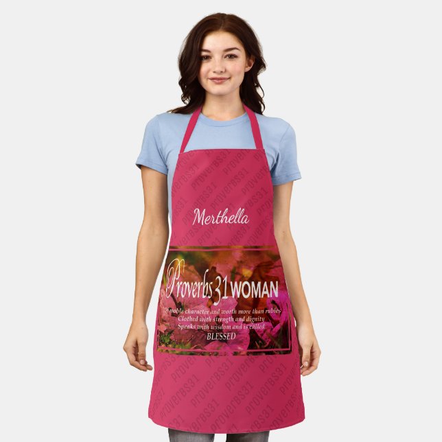 PROVERBS 31 WOMAN | Floral | PINK Personalised Apron (Worn)