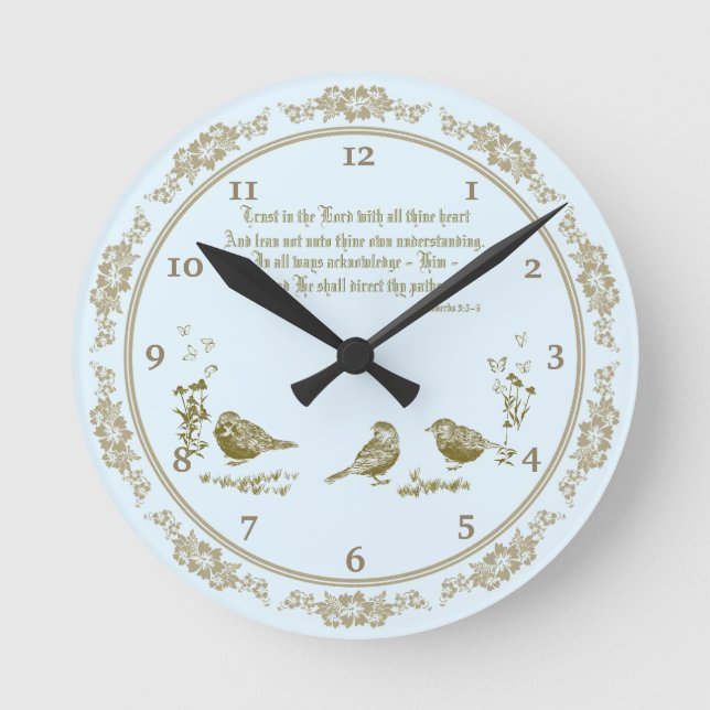 Proverbs 3:5-6 Wall Clock with Birds, Flowers (Front)