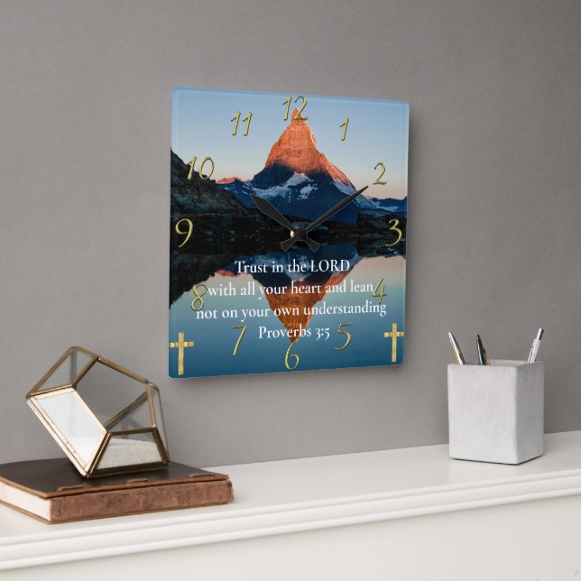 Proverbs 3:5 Christian Faith moutain lake   Square Wall Clock (Office)