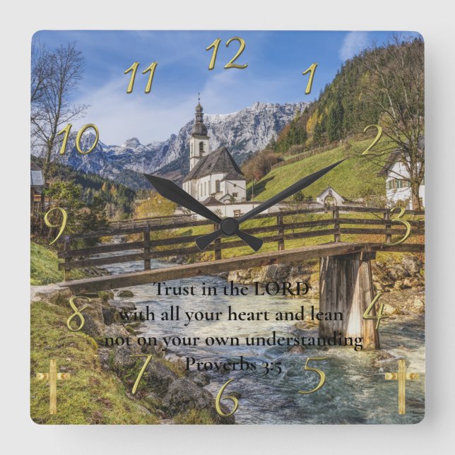 Proverbs 3:5 church near the moutain  square wall clock (Front)