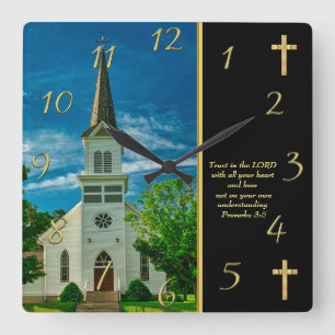 Proverbs 3:5 White Church Square Wall Clock