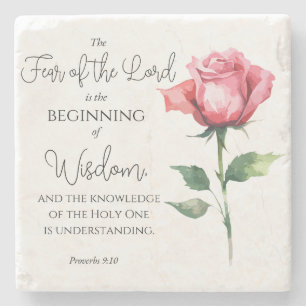 Proverbs 9:10 Fear of the Lord Rose Flower Bible Stone Coaster