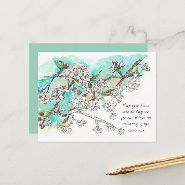 Proverbs Scripture Cherry Blossoms Prayer Card (Front/Back In Situ)