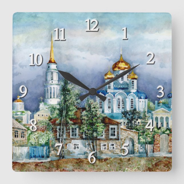 Provincial Small city Zadonsk  aquarelle Square Wall Clock (Front)