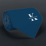 Prussian Blue | Elegant Monogram   Name  One-Sided Tie<br><div class="desc">An elegant one-sided necktie featuring a bold white monogram across a deep Prussian Blue background. On top of this monogram sits your first or last name spelled out in all capitals. If you prefer a bolder look for the personal name inside of the large letter you can do the following:...</div>